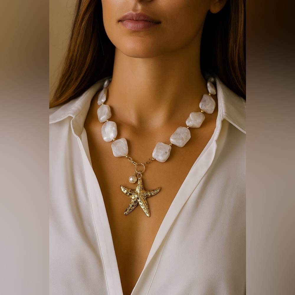 ⭐️Chunky Pearl Starfish Pendant Necklace | Beachy Boho Statement Jewelry⭐️